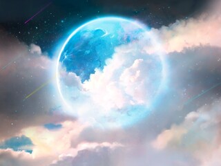 Obraz na płótnie Canvas Fantasy background illustration of starry night sky and blue full moon