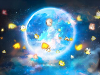 青く神秘的に輝く十五夜の満月と星が輝く夜空とふわふわ舞う黄色い蝶々のファンタジー背景イラスト