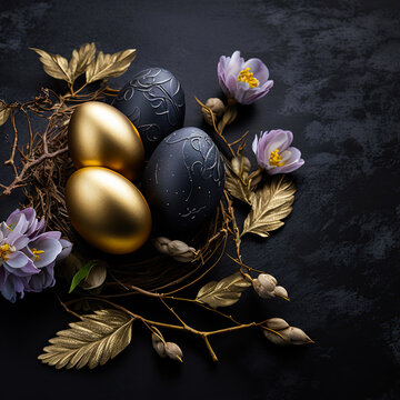 Golden easter egg. Golden and black eggs decoration. Easter decoration