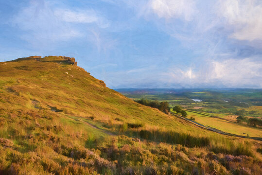 Digital painting of a panoramic view of The Roaches at sunset in the Peak District National Park.