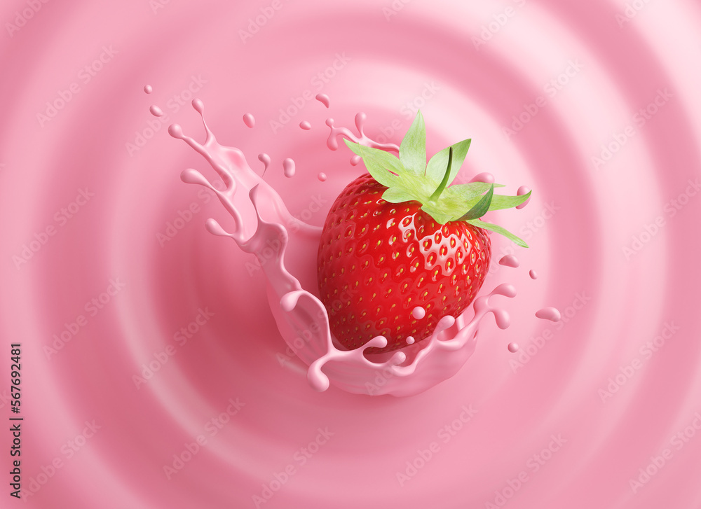 Aufkleber strawberry falling into splashing milk or yogurt splash, icon design element with clipping path, 3d 