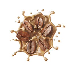 Milk coffee splash with Coffee Bean falling, 3d illustration.