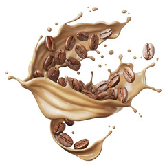 Milk coffee splash with Coffee Bean falling, 3d illustration.
