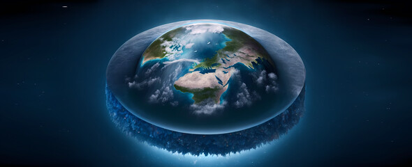 Flat Earth in space. Concept mythology universe and world are disk. Generation AI