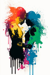 Obraz premium a silhouette of two female lovers embracing over a white paint splashed colorful background , generative ai