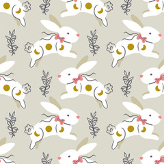 Cute Jumping Cosmic Bunny Vector Seamless Patern