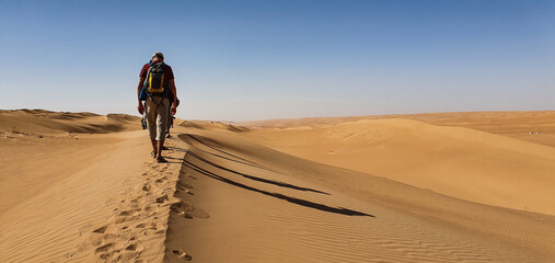 Fototapeta na wymiar Oman, marche dans le désert de Wadiba Sands