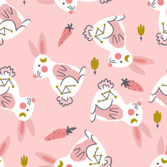 Cute Cosmic Sitting Baby Rabbits Vector Seamless Pattern