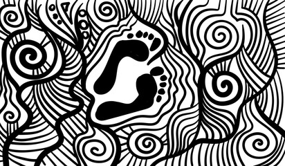 Black and white psychedelic line art with an abstract footprint. Doodles and lines abstract hand-drawn vector art.