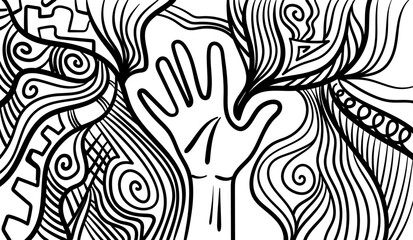 Fototapeta na wymiar Black and white psychedelic line art with abstract palm print, and handprint. Doodles and lines abstract hand-drawn vector art.