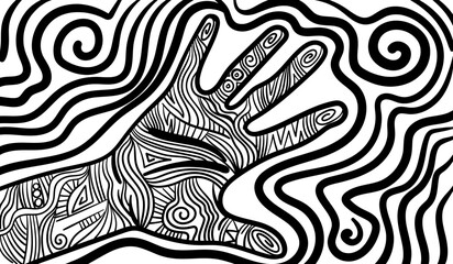 Black and white psychedelic line art with abstract palm print, and handprint. Doodles and lines abstract hand-drawn vector art.