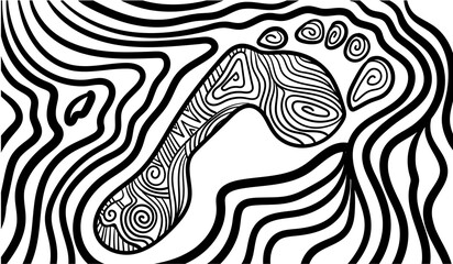 Black and white psychedelic line art with an abstract footprint. Doodles and lines abstract hand-drawn vector art.