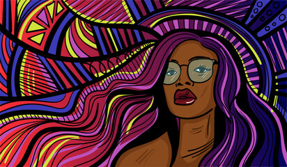 Colourful psychedelic line art with abstract woman. Doodles and lines abstract hand-drawn vector art.