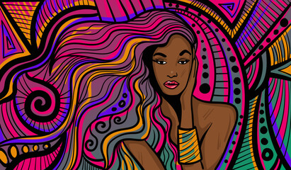 Colourful psychedelic line art with abstract woman. Doodles and lines abstract hand-drawn vector art.