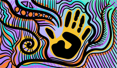 Colourful psychedelic line art with abstract palm print, and handprint. Doodles and lines abstract hand-drawn vector art.
