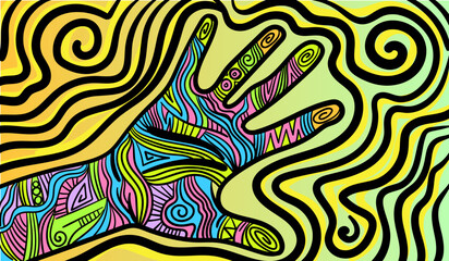 Colourful psychedelic line art with abstract palm print, and handprint. Doodles and lines abstract hand-drawn vector art.