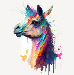 Alpaca / Llama portrait. Abstract, hand-drawn, multi-colored portrait of an alpaca/llama on a white background. Generative AI