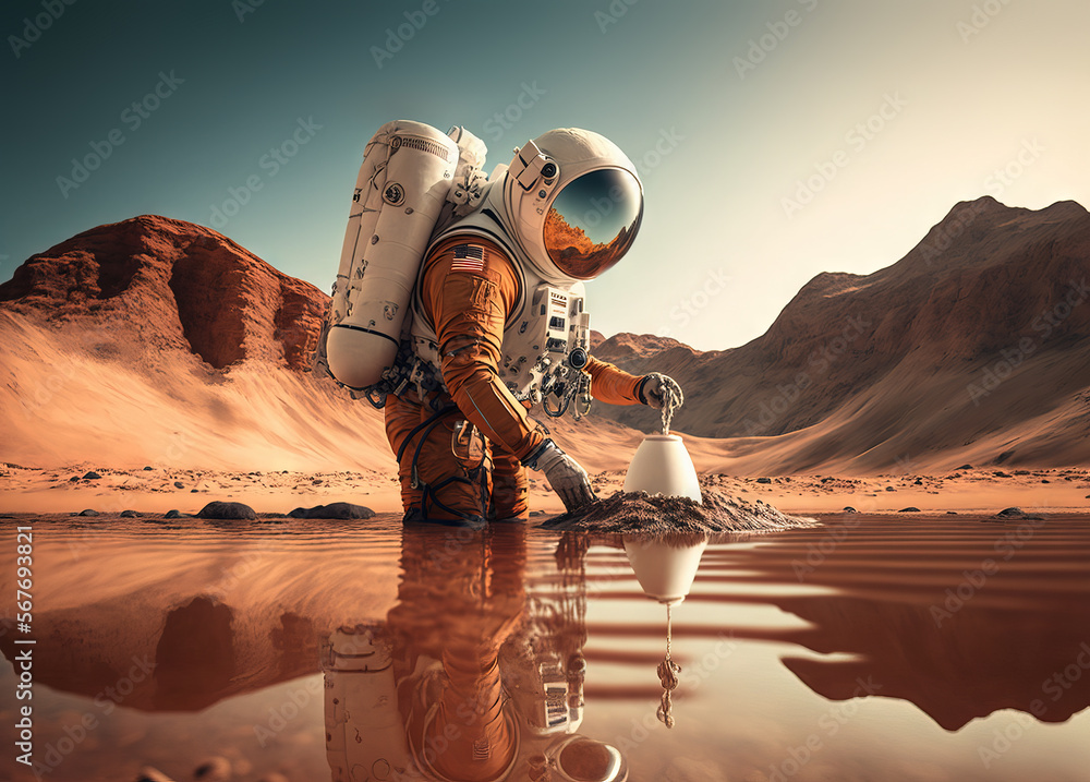 Sticker astronaut filtering water on alien planet. generative ai