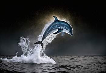 Dolphin jumping in ocean at night. Generative AI