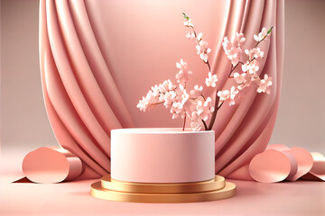 A Spring Showcase Pink Flowers Podium , A 3D Render of a High-End Cosmetics Display, A High-End Beauty Display in 3D Curtains A Luxury 3D Display of Beauty Products,  A 3D Render of a Cosmetics Beauty