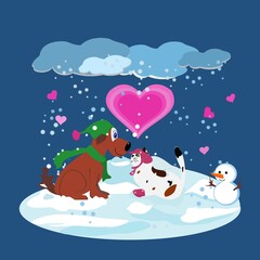 Brown dog and cat in cold winter night with pink, big heart
