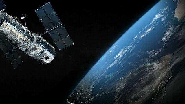 Spatial Satellite Around The Earth Planet In Outer Space