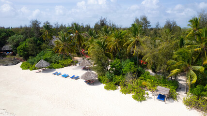 Aerial view of umbrellas, palms on the sandy beach of Indian Ocean at sunny day. Summer holiday in Zanzibar, Africa. Tropical landscape with palm trees, parasols, boats, yachts, blue water. Top view