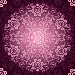 Vintage frame with lacy pink mandala, seamless pattern, vector