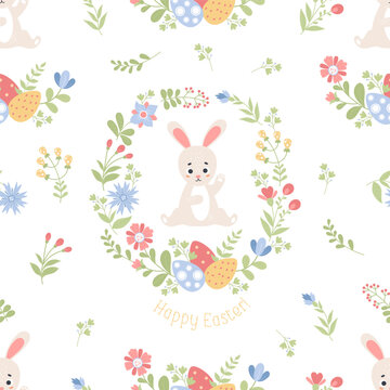 Easter seamless pattern. Cute Easter Bunny with flowers and eggs on white background. Vector illustration in flat cartoon style. For holiday decor, packaging, wallpapers, prints and textiles.