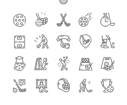 Floorball. Goalkeeper. Competition. Floorball club. Sticks and ball. Pixel Perfect Vector Thin Line Icons. Simple Minimal Pictogram