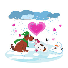 Brown dog and cat in cold winter night with pink, big heart