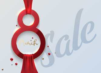 Elegant 8 March sale banner with red 3d number 8 and red ribbon on white background. March gold line luxury text, red golden beads. Women's day vector stylish design illustration