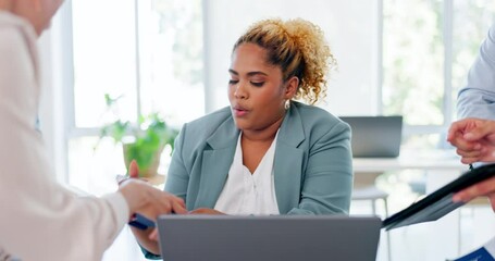 Business woman, laptop and overwhelmed with workload from colleagues multi tasking at office. Female corporate manager working or helping employees in communication with multiple tasks at workplace