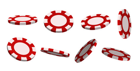 Playing chips. 3d chips in different positions. A set of chips for gambling. Vector illustration.