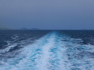 The Aegean Sea seen from the stern of Greek ferry