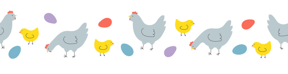Seamless border with hens, chickens and eggs. Template for Easter decor, invitation, cards.