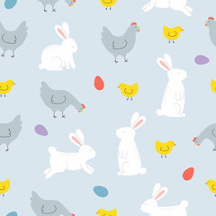 Seamless pattern with cute rabbits, hens, chickens and eggs on blue background. Template for Easter decor, invitation, cards