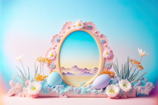 Easter egg frame made of fresh, pastel, field flowers, leaves and Spring painted eggs. Copy space. Pastel background. Floral colorful landscape. Illustration, Generative AI.