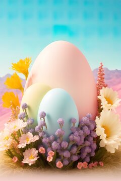 Easter egg creative concept made of fresh, pastel, field flowers, leaves and Spring painted eggs. Pastel background. Floral colorful decoration. Illustration, Generative AI.