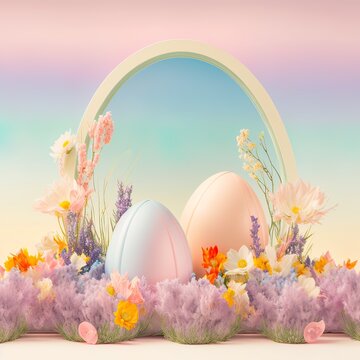 Easter egg frame made of fresh, pastel, field flowers, leaves and Spring painted eggs. Copy space. Pastel background. Floral colorful landscape. Illustration, Generative AI.