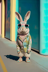 Abstract, modern, Easter bunny dressed, standing and posing as a human. Trendy modern hipster, animal in fashion suit. Illustration. Generative AI.