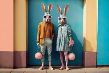Abstract, modern, Easter bunny dressed, standing and posing couple in love. Trendy modern hipster, animal in fashion suit. Big rabbit ears. Illustration. Generative AI.