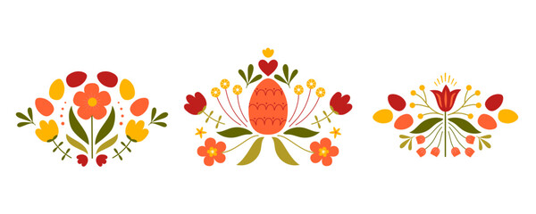 Set of Easter designs with colored egg and flowers. Template for poster, greeting card, invitation or postcard.