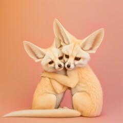Fototapeta premium Animal tender, romantic love, pastel background. Baby foxes hugging and cuddling. Valentine's Day in the animal world. Illustration, Generative AI.