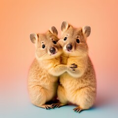 Obraz premium Animal tender, romantic love, pastel background. Baby hamsters that hug and cuddle. Valentine's Day in the animal world. Illustration, Generative AI.