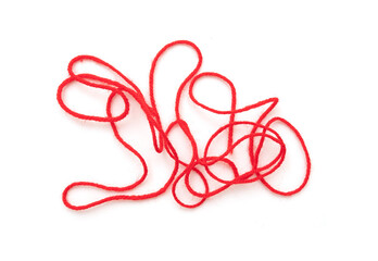 Long bound thin red rope, string isolated on white, top view