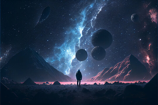 Phantasy Vast Galaxy Abstract Space Nebula Cosmos Art. Man standing in galaxy with planets around. Astrological concept. High quality Ai generated illustration. 