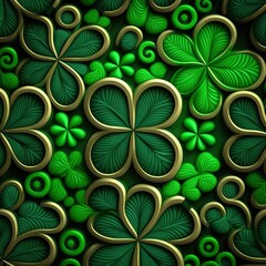 ST Patrick's day green background clover leaf bokeh lights defocused for ST Patrick's day celebration design background,Three Leaf Clover Pattern.Generative AI