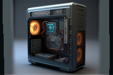Obraz premium 3d rendering of server in dark room with circuit board and cpu