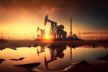 Pump jack near oil refinery plant. Smoking chimneys of an oil refinery at sunset. Smoke pipes of industrial plant in environment. Factory chimneys pollute air. Fossil crude output. Global crude Prices